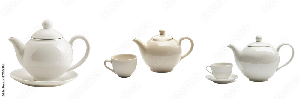 A set of white ceramic teapots with matching cups, isolated on transparent Background A set of white ceramic teapots with matching cups, isolated on transparent Background