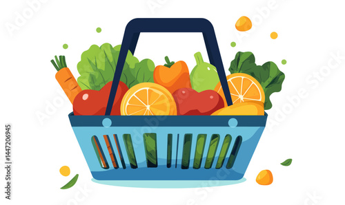 Minimalist Shopping Basket with Fresh Fruits and Vegetables Vector Illustration