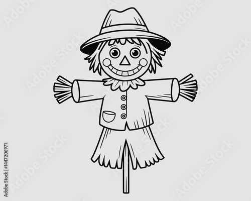 Scarecrow Line Drawing for Kids – Bold Black and White Coloring Page Vector