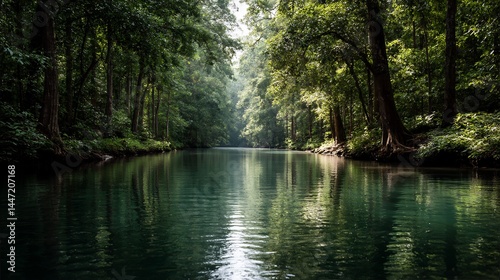 Tranquil river flows through the serene forest canopy on a sunny day