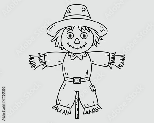 Scarecrow Line Drawing for Kids – Bold Black and White Coloring Page Vector