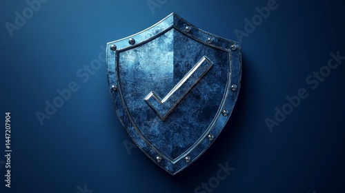 Steel Shield with Embossed Check Mark on Deep Blue Backdrop for Security Concepts