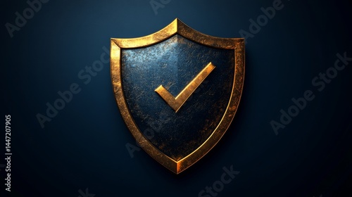 Golden emblem of security and authentication, showcasing a validated concept with a sleek shield design on a navy blue background