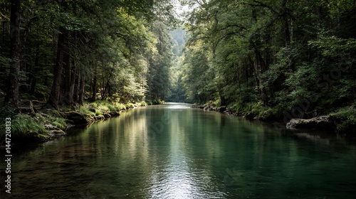Lush green forest mirrored in tranquil river creating nature's reflection