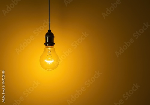 Single Lit Incandescent Light Bulb Hanging on Dark Yellow Background