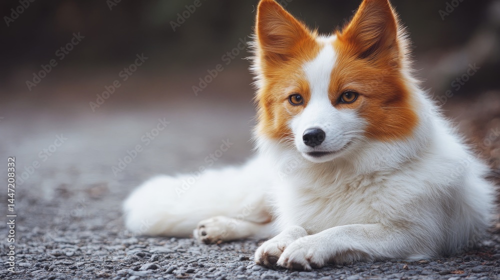 Portrait of a fox resting peacefully outdoors displaying its distinctive fur markings and captivating gaze amidst nature's serene backdrop Portrait of a fox resting peacefully outdoors displaying its distinctive fur markings and captivating gaze amidst nature's serene backdrop
