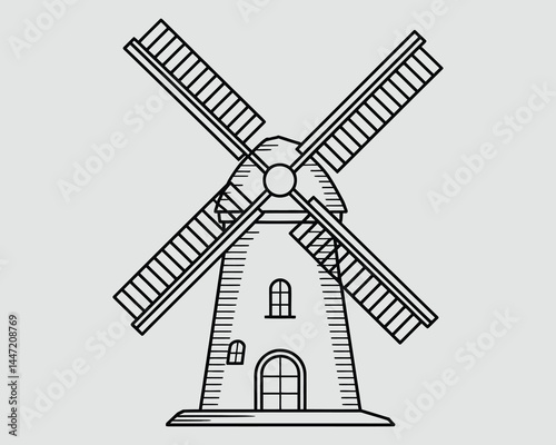 Windmill Line Drawing for Kids – Bold Black and White Coloring Page Vector