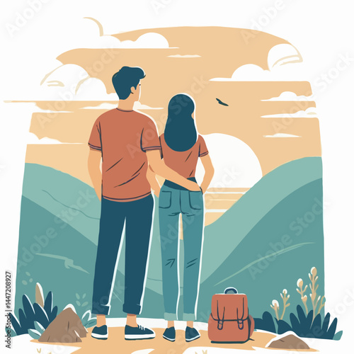 Couple standing together watching mountain sunset