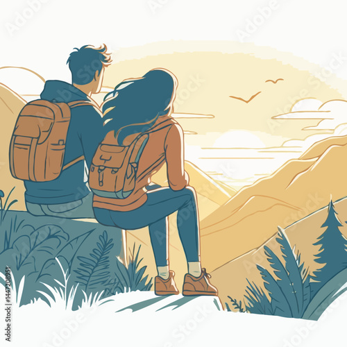 Couple watching sunset in mountains with backpacks