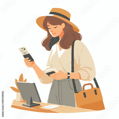 Woman checking documents at travel desk