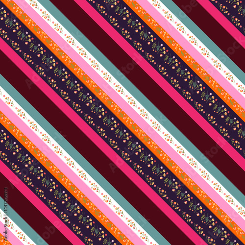 Beautiful seamless patchwork pattern with solid and floral diagonal stripes. ...