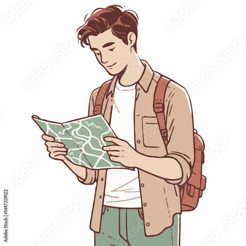 Man looking at map with backpack illustration