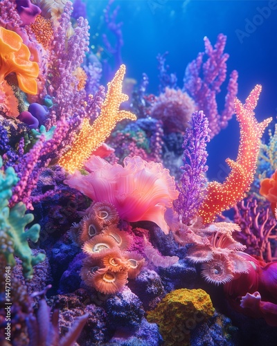 Group of exotic sea creatures glowing in a twilight reef, surreal