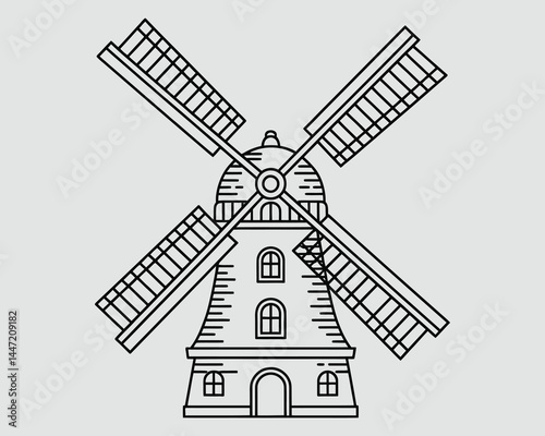 Windmill Line Drawing for Kids – Bold Black and White Coloring Page Vector