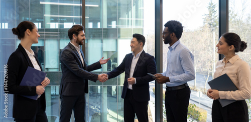 Obraz na płótnie Diverse group of business professionals shaking hands in a modern office, symbolizing agreement or partnership, smiling at each other. w salonie
