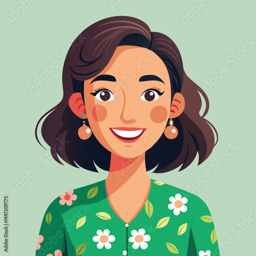 A cartoon of a smiling woman with a green shirt