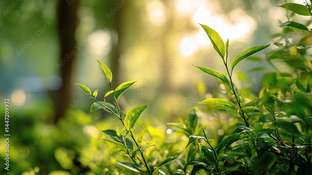 Lush Springtime Garden Scene with Blurred Green Foliage and Light Lush Springtime Garden Scene with Blurred Green Foliage and Light