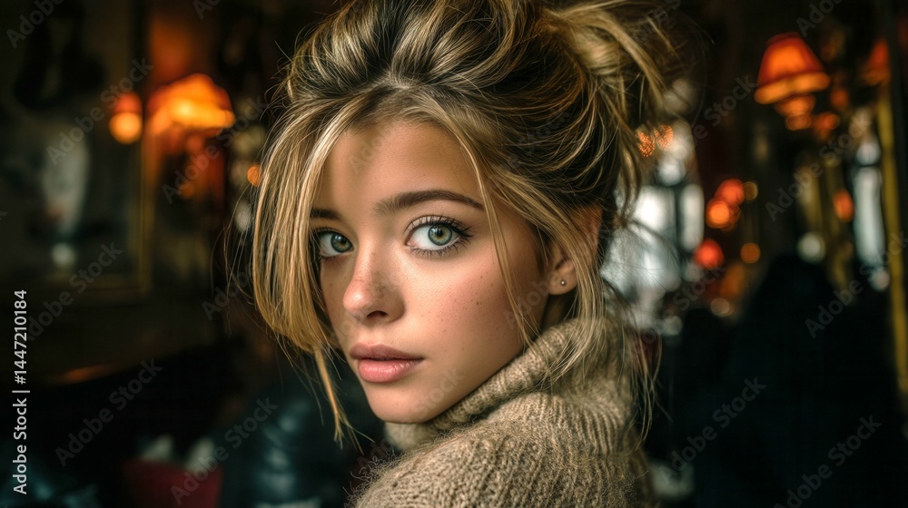 Fototapeta premium A woman with blonde hair and green eyes is wearing a brown sweater. She is standing in front of a lamp