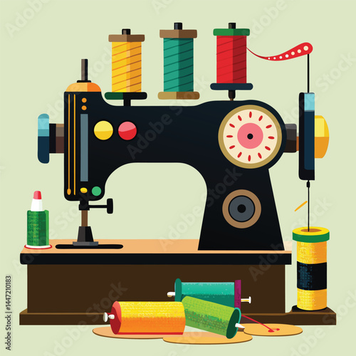 Vintage sewing machine Equipment for sewing Vogue clothes. Vector illustration.