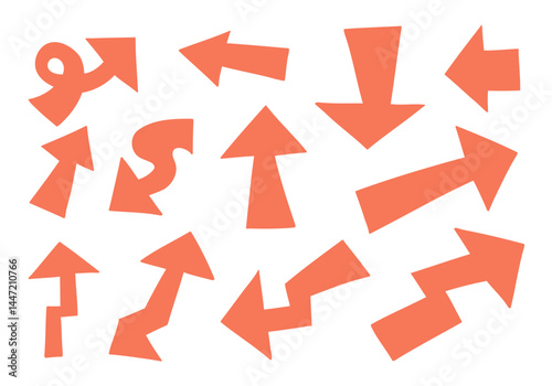 Orange Hand Drawn Arrow Symbol. A bold collection of 12 orange hand drawn arrow icons in unique directional shapes including loops, curves, zigs, notches, and more. Perfect for navigation signage