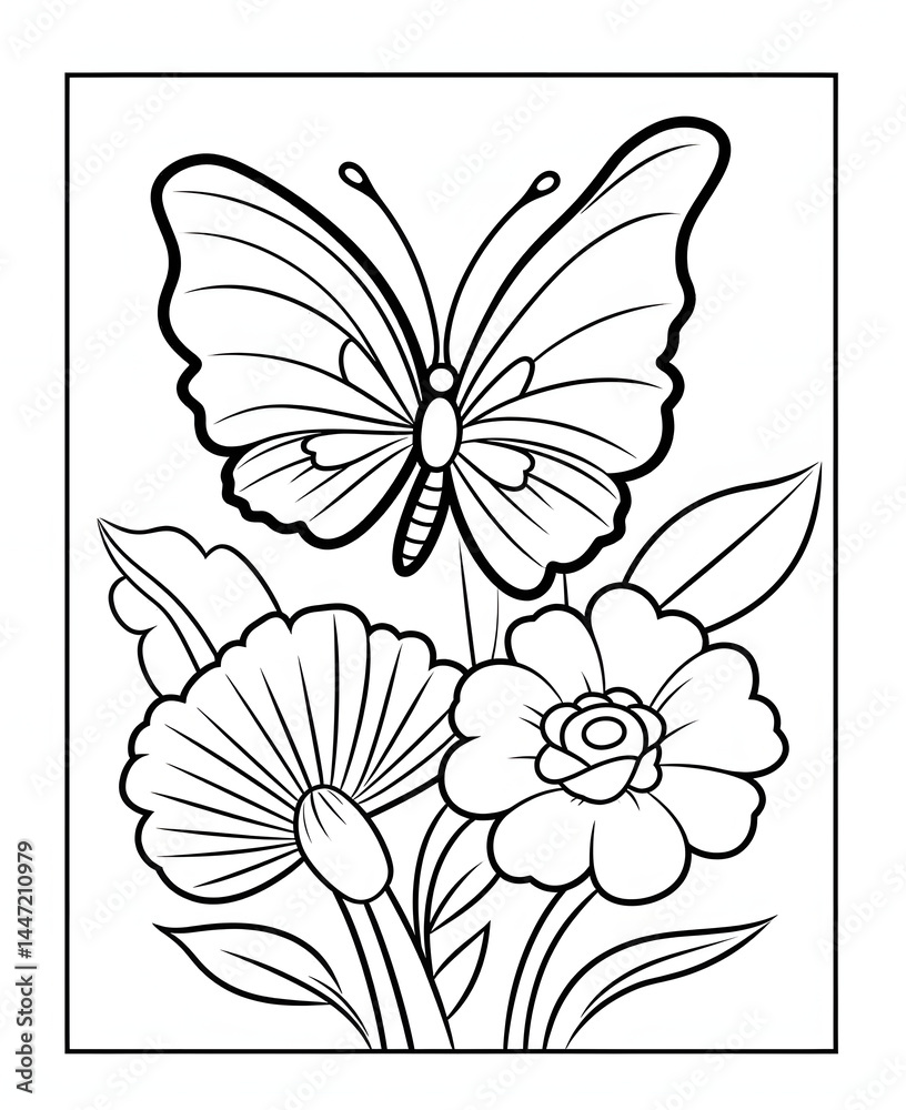 Butterfly and flowers Coloring page, sunflower art, white background vector art, line art, artline, illustration Butterfly and flowers Coloring page, sunflower art, white background vector art, line art, artline, illustration