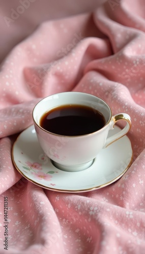 Delicate porcelain coffee cup beside a pastel pink floral blanket , flowers, ceramic, home decor