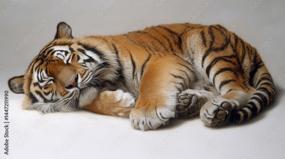 Fototapeta premium Resting tiger portrait showcasing majestic stripes and peaceful composure, conveying tranquility and strength in natural light photography, stunning wildlife scene