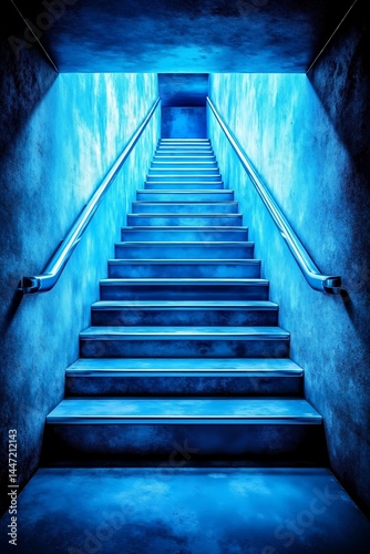 A set of stairs in a dark blue room with blue lighting