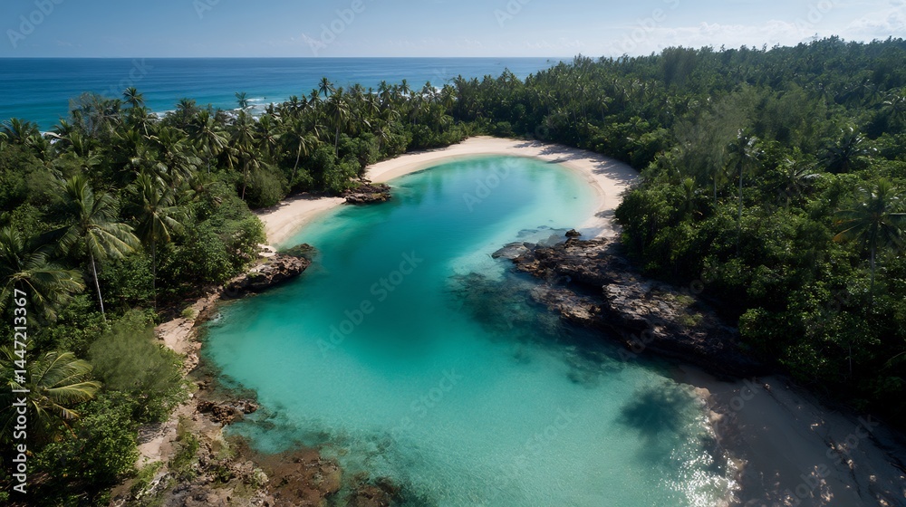 Obraz premium Breathtaking aerial view of tranquil lagoon surrounded by lush tropical forest
