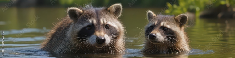 A playful raccoon enjoys a summer day splashing in a lake , wildlife photography, nature photography A playful raccoon enjoys a summer day splashing in a lake , wildlife photography, nature photography