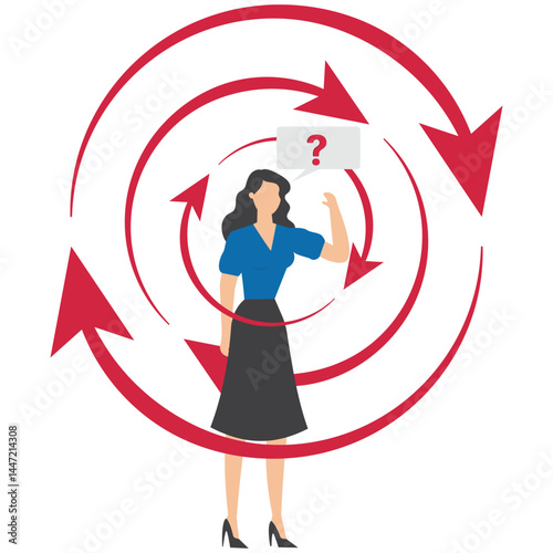 Woman standing and Confusion People with Navigation Arrows and Mark Questions dilemma and options confusion