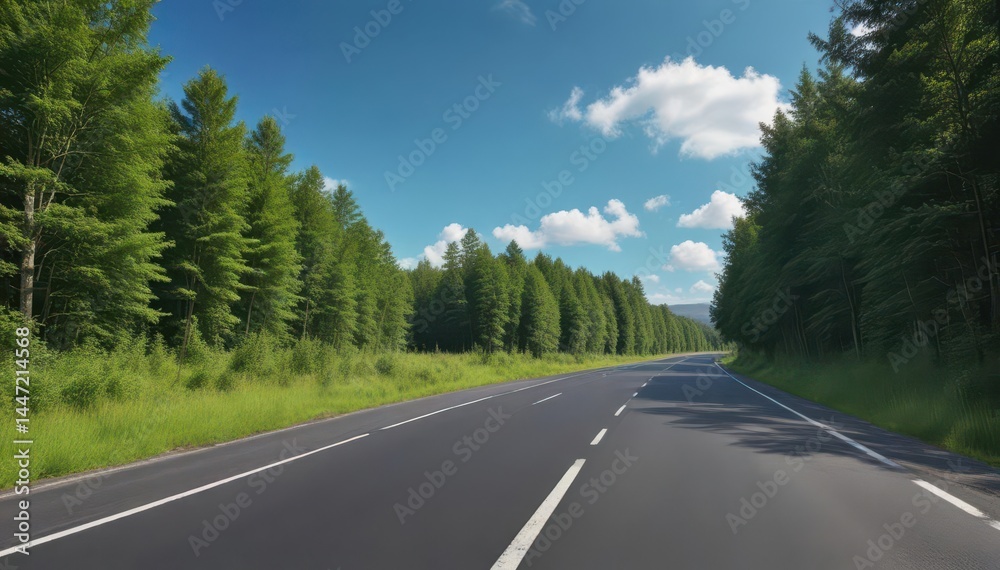 Asphalt road cuts through lush green forest, blue sky above , scenic, perspective, majestic Asphalt road cuts through lush green forest, blue sky above , scenic, perspective, majestic