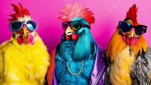 Three colorful chickens wearing sunglasses on a pink background