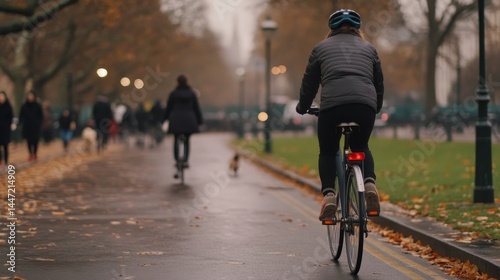 Wallpaper Mural A lone cyclist moves gently along a path surrounded by vibrant autumn foliage, as walkers and a small dog pass by, creating a tranquil atmosphere Torontodigital.ca