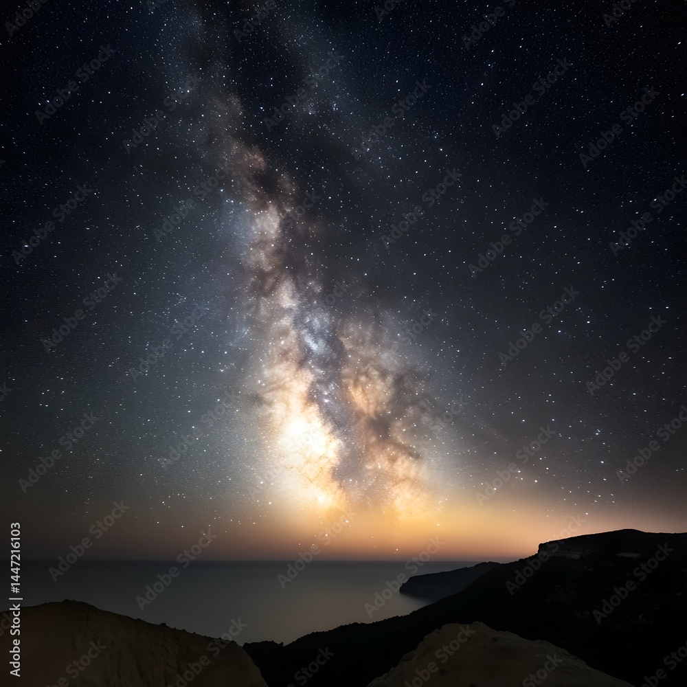 Majestic Milky Way Galaxy Over Coastal Cliffs at Night Starry Sky Scene with Ocean View Majestic Milky Way Galaxy Over Coastal Cliffs at Night Starry Sky Scene with Ocean View