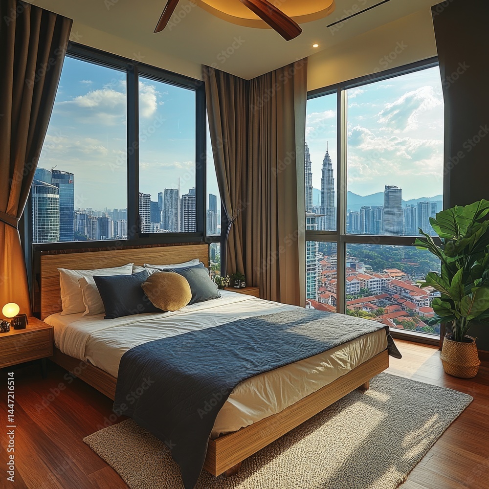 Naklejka premium Cozy home bedroom interior with bed, nightstand with decoration and plant on hardwood floor. Sleep room with panoramic window on Kuala Lumpur skyscrapers. 3D rendering