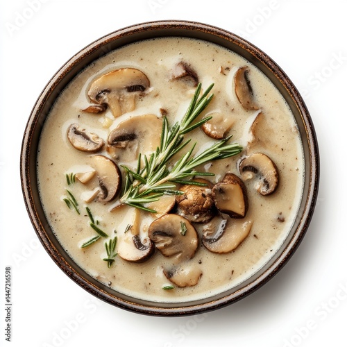 Creamy Mushroom Soup with Rosemary Garnish in Rustic Bowl photo