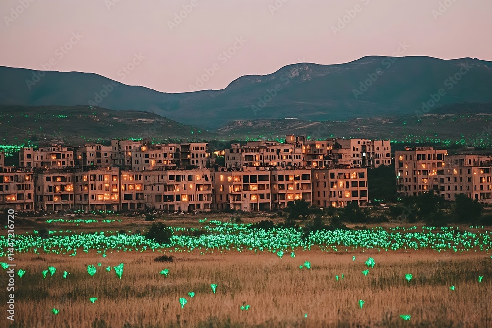 Obraz premium abandoned city overrun with glowing bioluminescent flora