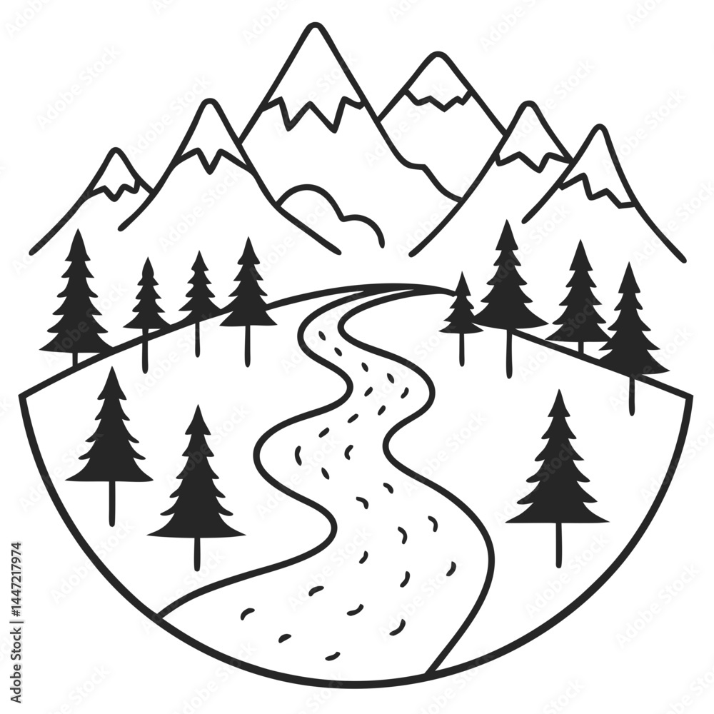 Obraz premium River Forest Outline Coloring Book Page Line Art