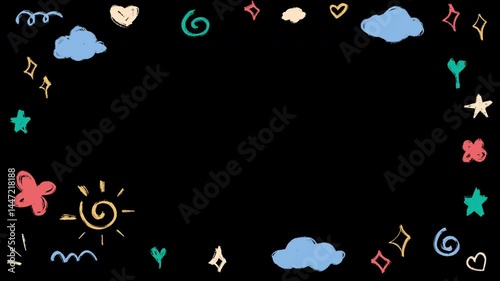 Hand drawn of abstract cute doodle scribble border background animation. Alpha channel