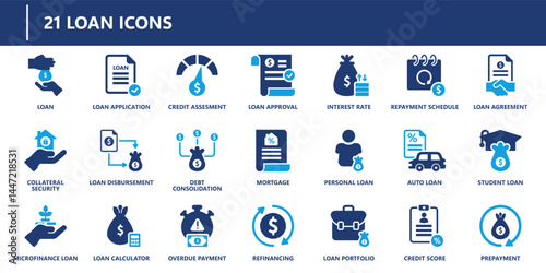 Loan icons pack in solid style including loan approval, repayment, credit score, mortgage, refinancing, debt, and financial agreement tools.