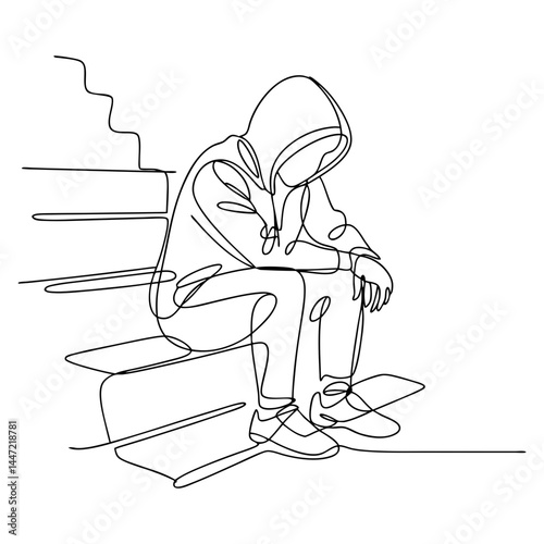 
Sad person in hoodie sitting on steps line drawing illustration