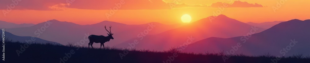 Obraz premium A lone antelope silhouetted against a majestic mountain range at dawn , outdoor, wild animal photography