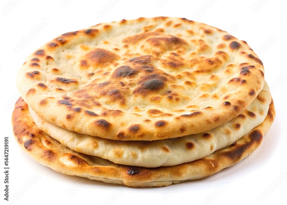 Flatbread with golden brown spots soft isolated on white background Flatbread with golden brown spots soft isolated on white background