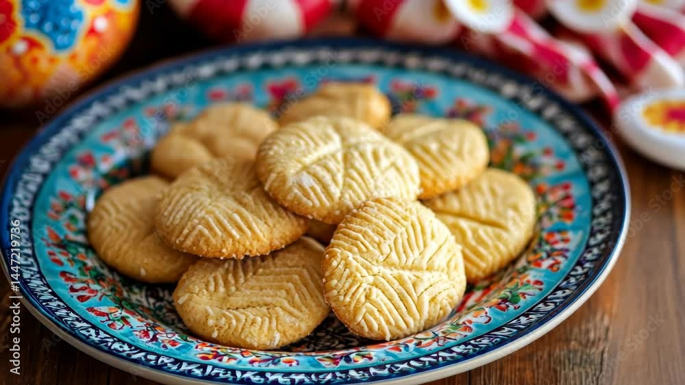 Delicious closeup: traditional cookies on patterned plate with swirling background movement