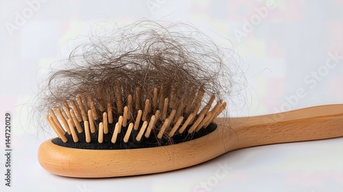 A brush filled with hair highlights the visible effects of hair loss, offering a poignant reminder of alopecia and the emotional impact of this condition. photo
