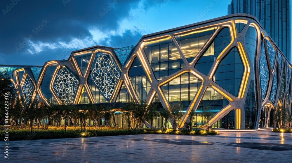 Obraz premium Illuminated geometric architecture glimmers at twilight
