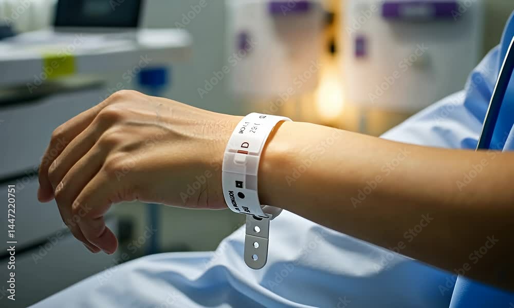 Patient's wrist with hospital bracelet in room; blue sheet visible