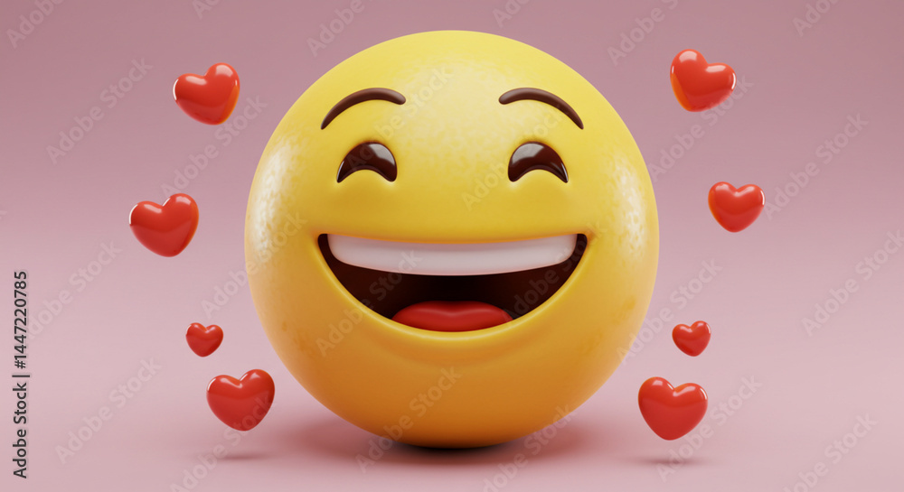 Fototapeta premium Happy Smiling Emoji Surrounded by Red Hearts on Pink Background
