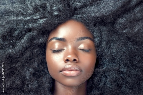 Long coiffure - curly hair. Stunning calm black girl - for ads, poster and social networks use. Commercial marketing creative. Chic african american beauty. Black elegance portraits.